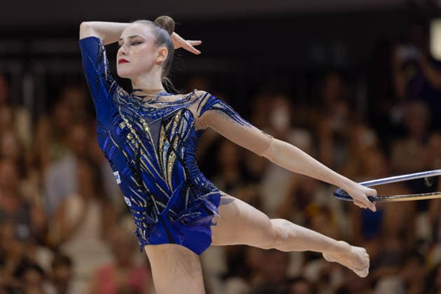 Weltmeisterschaft der Rhythmischen Sportgymnastik Darja Varfolomeev (Deutschland) mit dem Reifen. Weltmeisterschaft der Rhythmischen Sportgymnastik vom 11. bis zum 16. August in der Festhalle in Frankfurt am Main. Mehrkampffinale Einzel, Platzierungen 1 bis 9., Frankfurt am Main Hessen Deutschland Festhalle