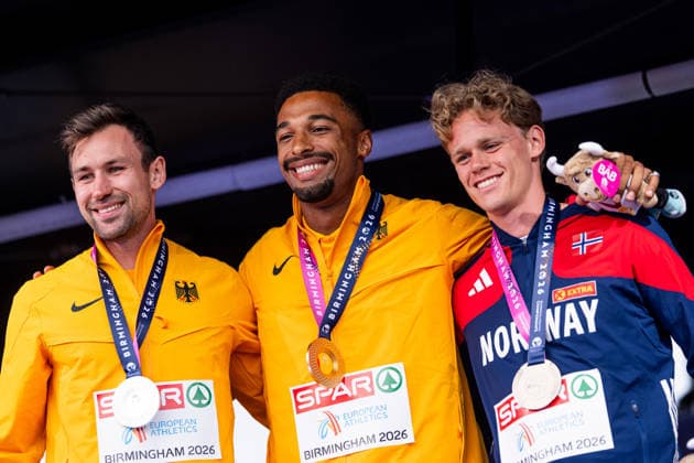 Sport Bilder des Tages 260814 Niklas Kaul of Germany, Leo Neugebauer of Germany and Sander Aae Skotheim of Norway at the medal ceremony after men™s decathlon during day 5 of the 2026 European Athletics Championships on August 14, 2026 in Birmingham. Photo: Mathias Bergeld BILDBYRAN kod MB MT1070 friidrott athletics friidrett friidrotts-em em friidretts-em 2026 european athletics championships day 5 bbeng Copyright: MATHIASxBERGELD BB260814MB082