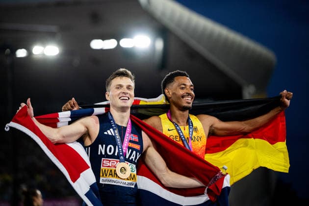 260814 Karsten Warholm of Norway and Emil Agyekum of Germany celebrates after men s 400 meter hurdles final during day 5 of the 2026 European Athletics Championships on August 14, 2026 in Birmingham. Photo: Maxim Thore BILDBYRAN kod MT MT1070 friidrott athletics friidrett friidrotts-em em friidretts-em 2026 european athletics championships day 5 bbeng Copyright: MAXIMxTHORE BB260814MT090