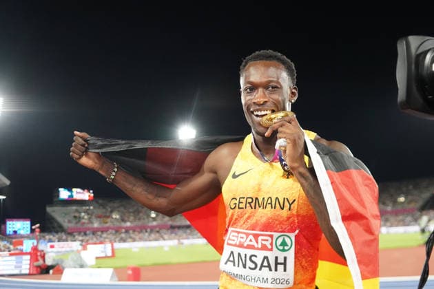 Birmingham , Leichtathletik, Athletics, Track and Field, EAA, Leichtathletik EM Birmingham 2026 European Championships birmingham 2026 , 10.08-17.08.2026, Alexander Stadium Birmingham, Grossbritannien , 200m Männer, 200m Men, Finale Owen Ansah mit Goldmedaille Deutschland, Germany GER Copyright Gladys Chai von der Laage