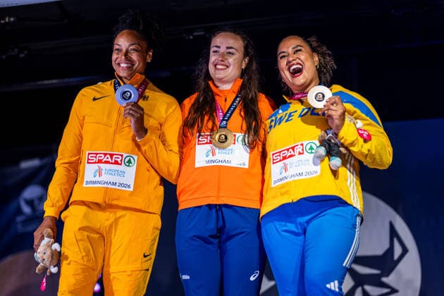 260814 Shanice Craft of Germany, Jorinde van Klinken of Netherlands and Vanessa Kamga of Sweden at the medal ceremony after women™s discus throw final during day 5 of the 2026 European Athletics Championships on August 14, 2026 in Birmingham. Photo: Mathias Bergeld BILDBYRAN kod MB MT1070 friidrott athletics friidrett friidrotts-em em friidretts-em 2026 european athletics championships day 5 bbeng Copyright: MATHIASxBERGELD BB260814MB172