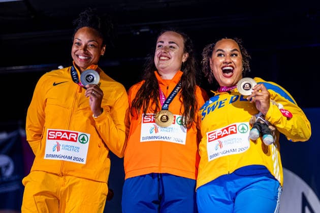 260814 Shanice Craft of Germany, Jorinde van Klinken of Netherlands and Vanessa Kamga of Sweden at the medal ceremony after women™s discus throw final during day 5 of the 2026 European Athletics Championships on August 14, 2026 in Birmingham. Photo: Mathias Bergeld BILDBYRAN kod MB MT1070 friidrott athletics friidrett friidrotts-em em friidretts-em 2026 european athletics championships day 5 bbeng Copyright: MATHIASxBERGELD BB260814MB174
