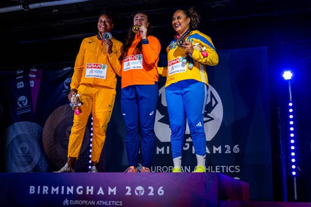 260814 Shanice Craft of Germany, Jorinde van Klinken of Netherlands and Vanessa Kamga of Sweden at the medal ceremony after women™s discus throw final during day 5 of the 2026 European Athletics Championships on August 14, 2026 in Birmingham. Photo: Mathias Bergeld BILDBYRAN kod MB MT1070 friidrott athletics friidrett friidrotts-em em friidretts-em 2026 european athletics championships day 5 bbeng Copyright: MATHIASxBERGELD BB260814MB176