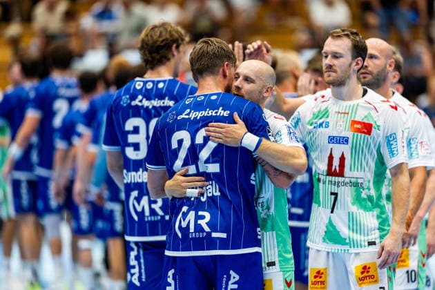 14.08.2026, GER, Handball, Maenner, Saison 26 27, Wartburg-Cup presented by Koetter Security, SC Magdeburg - TBV Lemgo Lippe Adam Nyfjaell (TVB Lemgo-Lippe), Daniel Pettersson (SC Magdeburg) 99817 Eisenach Werner-Assmann-Halle Am Sportp Thueringen Deutschland