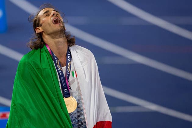 Gianmarco Tamberi of Italy celebrates winning gold in the Mens High Jump at the European Atheltics Championships at Alexander Stadium in Birmingham, England (Sean Walsh Sports Press Photo) Copyright: xSeanxWalshx Sportspressphoto_SPR206528