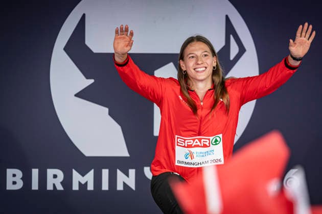 RECORD DATE NOT STATED 14th August 2026; Alexander Stadium, Birmingham, Midlands, England; 2026 European Athletics Championships, Day Five; Angelica Moser (SUI) on the podium after winning the womens pole vault GodfreyxPitt
