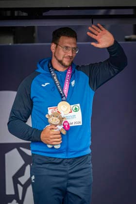 RECORD DATE NOT STATED 14th August 2026; Alexander Stadium, Birmingham, Midlands, England; 2026 European Athletics Championships, Day Five; Kristjan Ceh (SLO) on the podium after winning the mens discus GodfreyxPitt