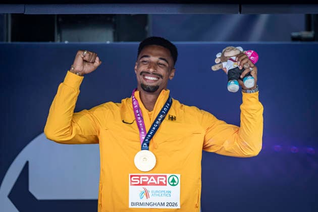 RECORD DATE NOT STATED 14th August 2026; Alexander Stadium, Birmingham, Midlands, England; 2026 European Athletics Championships, Day Five; Leo Neugebauer (GER) celebrates on the podium after winning the mens decathlon GodfreyxPitt