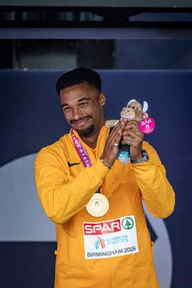 RECORD DATE NOT STATED 14th August 2026; Alexander Stadium, Birmingham, Midlands, England; 2026 European Athletics Championships, Day Five; Leo Neugebauer (GER) celebrates on the podium after winning the mens decathlon GodfreyxPitt