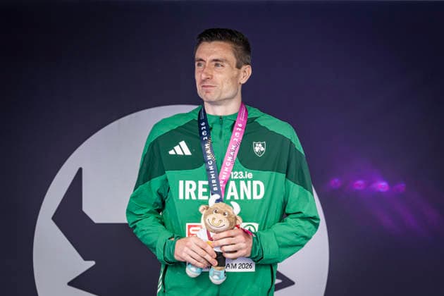 RECORD DATE NOT STATED 14th August 2026; Alexander Stadium, Birmingham, Midlands, England; 2026 European Athletics Championships, Day Five; Mark English (IRL) collects his gold medal in the mens 800m GodfreyxPitt