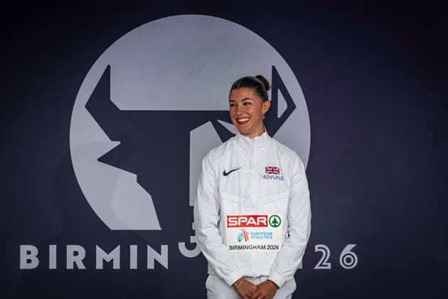 RECORD DATE NOT STATED 14th August 2026; Alexander Stadium, Birmingham, Midlands, England; 2026 European Athletics Championships, Day Five; Amy Hunt (GBR) on the podium after winning the womens 200m GodfreyxPitt