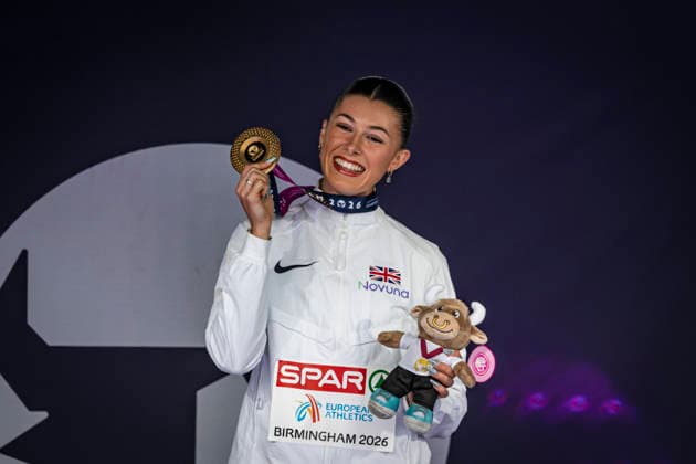 RECORD DATE NOT STATED 14th August 2026; Alexander Stadium, Birmingham, Midlands, England; 2026 European Athletics Championships, Day Five; Amy Hunt (GBR) on the podium after winning the womens 200m GodfreyxPitt
