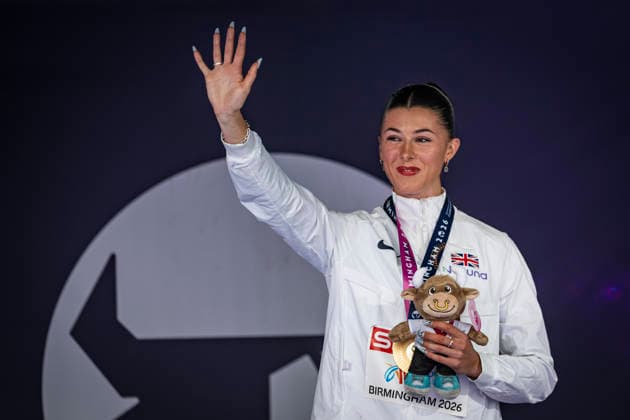 RECORD DATE NOT STATED 14th August 2026; Alexander Stadium, Birmingham, Midlands, England; 2026 European Athletics Championships, Day Five; Amy Hunt (GBR) on the podium after winning the womens 200m GodfreyxPitt