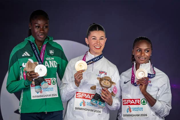RECORD DATE NOT STATED 14th August 2026; Alexander Stadium, Birmingham, Midlands, England; 2026 European Athletics Championships, Day Five; Amy Hunt (GBR) on the podium after winning the womens 200m with Rhasidat Adeleke (IRL) with silver and Dina Asher-Smith (GBR) with bronze GodfreyxPitt