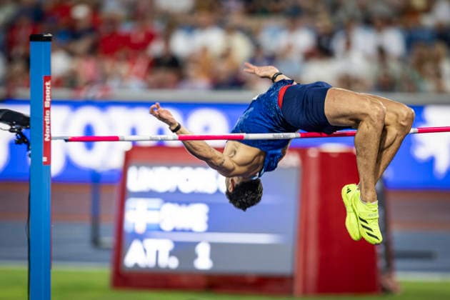 RECORD DATE NOT STATED 14th August 2026; Alexander Stadium, Birmingham, Midlands, England; 2026 European Athletics Championships, Day Five; Joel Clarke-Khan (GBR) competes in the mens high jump GodfreyxPitt