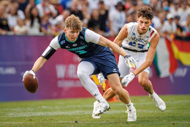 Quarter-final Italy (ITA) vs. Germany (GER), Day 3 Men at IFAF Flag Football Championships Düsseldorf 2026, 15.08.2026 Duesseldorf, Germany - Aug. 15, 2026: Justin Schlesinger (GER 3) during the Quarter-final match between Italy (ITA) vs. Germany (GER) on the third day of the Men IFAF Flag Football World Championships at the Bezirkssportanlage Duesseldorf Garath Copyright: xBEAUTIFULxSPORTS B.Hoffmannx