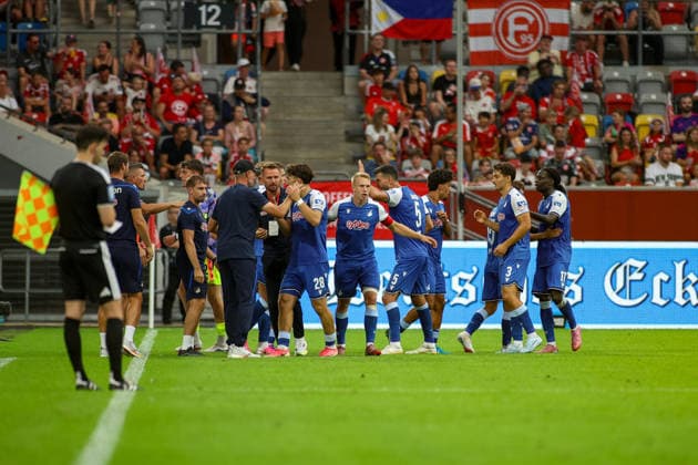 15.08.2026, GER, Fussball, Herren, 3. Liga , Saison 2026 2027, Fortuna Düsseldorf - TSG Hoffenheim II Jakov DediÄ‡ (TSG II) Torjubel, jubelt mit seiner Mannschaft nach dem Treffer zum 0:2 Copyright: xSvenxHanischx