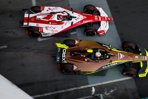 2026 FORMULA E LONDON ePRIX 23 NATO Norman (fra), Nissan Formula E Team, Nissan e-4ORCE 05, action 03 MARTI Pepe (spa), Cupra Kiro, Porsche 99X Electric WCG3, action during the London ePrix, 16th and 17th round of the 2025-26 ABB FIA Formula E World Championship, WM, Weltmeisterschaft on the ExCel London Circuit from August 14 to 16, 2026 in London, United Kingdom - Copyright: xGREGORYxLENORMANDx
