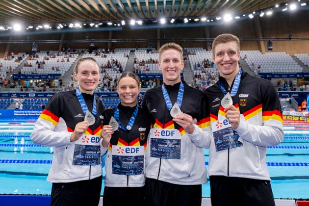 France, Paris, Centre Aquatique Olympique Metropole du Grand Paris, 15.08.2026, European Aquatics Championships, Day 16 - Final Session, 4x200m Freestyle Mixed Relay, Germany, Maya Tobehn, Dresdner SC, Linda Roth, SC Magdeburg, Lukas Maertens, SC Magdeburg and Jarno Baeschnitt, Team Bochum, Photo by Eibner Pressefoto Tino Henschel European Aquatics Championships, Day 16 - Final Session Paris Copyright: xEibnerxPressefotox