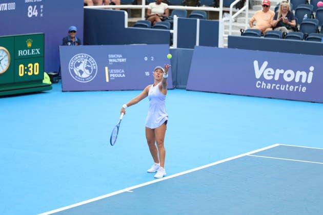 MASON, OHIO - AUGUST 15: Jessica Pegula of United States serves the ball during day five of the Cincinnati Open at the Lindner Family Tennis Center on August 15, 2026 in Mason, Ohio. Copyright: xShainaxBenhiyoun SPPx Sportspressphoto_SPR207730