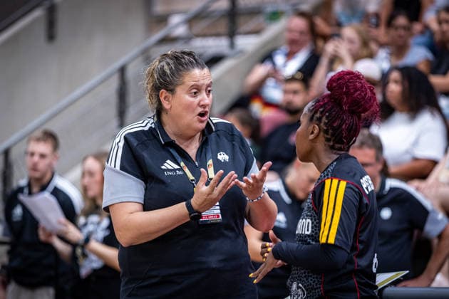 Basketball Ludwigsburg 15.08.2026 DBB Frauen Nationalmannschaft 2026 Testspiel Deutschland (GER) vs Spanien (ESP) Julie Barennes (Assistenztrainerin Deutschland) Alexis Peterson-Smalls (Deutschland, No.01) Peterson re.
