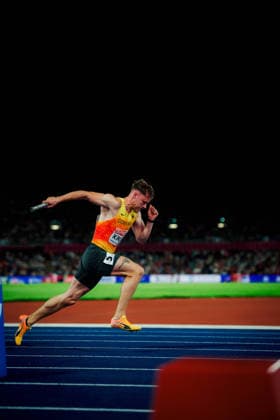 European Athletics Championships; Birmingham, 15.08.2026 Kevin Kranz of Germany sprints while carrying the relay baton during the European Athletics Championships at Alexander Stadium in Birmingham on August 10, 2026. Copyright: xBEAUTIFULxSPORTS Flatemerschx
