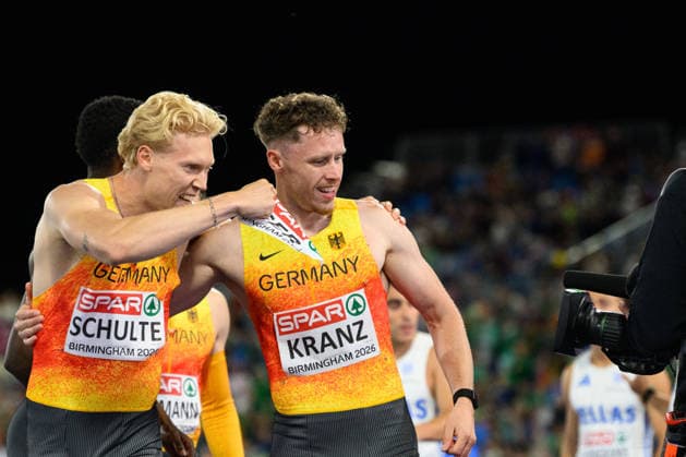 BIRMINGHAM, GREAT BRITAIN - August 15: Marvin Schulte (Germany) (Germany) and Kevin Kranz (Germany) after the 4x400 metres relay final during the European Athletics Championships 2026 at Alexander Stadium in Birmingham, Great Britain (Photo by Sven Beyrich Sports Press Photo) Copyright: xSvenxBeyrich SportsxPressxPhotox Sportspressphoto_SPR207932