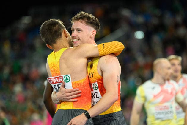 BIRMINGHAM, GREAT BRITAIN - August 15: Heiko Gussmann (Germany) and Kevin Kranz (Germany) after the 4x400 metres relay final during the European Athletics Championships 2026 at Alexander Stadium in Birmingham, Great Britain (Photo by Sven Beyrich Sports Press Photo) Copyright: xSvenxBeyrich SportsxPressxPhotox Sportspressphoto_SPR207933