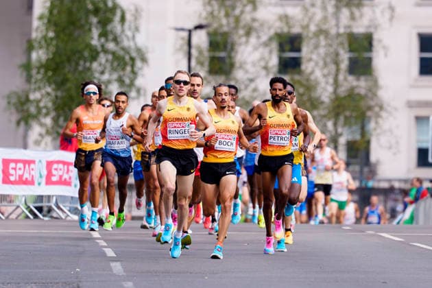 BIRMINGHAM, GREAT BRITAIN - AUGUST 16, 2026 : Richard RINGER (GER Germany), Simon BOCH (GER Germany) and Amanal PETROS (GER Germany) competing in the marathon during the European Athletics Championships at Alexander Stadium on August 16, 2026 in Birmingham, Great Britain. Great Britain Copyright: xLeahxKohringx