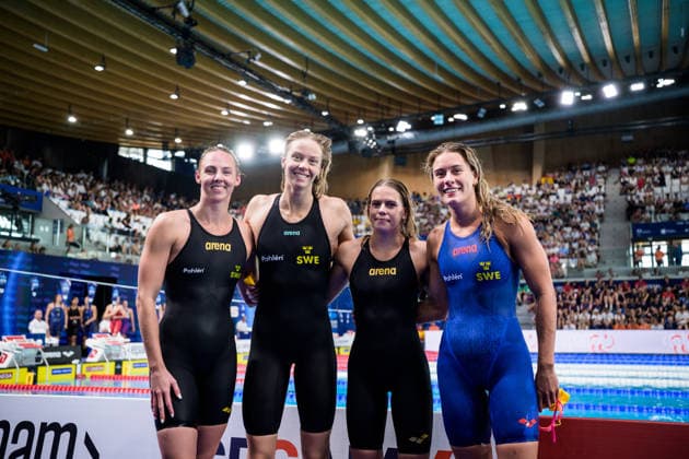 260816 Sara Junevik, Louise Hansson, Olivia Klint Ipsa and Sofia Astedt of Sweden after competing in women™s 4x100 meters freestyle swimming relay heats during day 17 of the 2026 European Aquatics Championships on August 16, 2026 in Saint-Denis. Photo: Joel Marklund BILDBYRAN kod JM JM0845 bbeng simning swimming svomming 2026 european aquatics championships em dam lagkapp stafett Sverige Sweden Copyright: JOELxMARKLUND BB260816JM011
