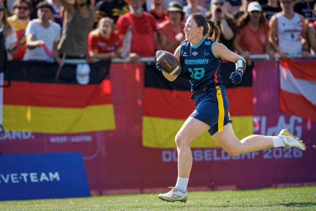 Placement Game for 1st - 8th Place Bracket Austria (AUT) vs. Germany (GER), Day 4 Women at IFAF Flag Football Championships Düsseldorf 2026, 16.08.2026 Duesseldorf, Germany - Aug. 16, 2026: Nora Cermak (GER 18) during the Placement Game for 1st - 8th Place Bracket Match between Austria (AUT) vs. Germany (GER) on fourth day of the Women IFAF Flag Football World Championships at the Bezirkssportanlage Duesseldorf Garath Copyright: xBEAUTIFULxSPORTS B.Hoffmannx