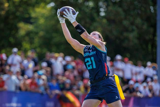 Placement Game for 1st - 8th Place Bracket Austria (AUT) vs. Germany (GER), Day 4 Women at IFAF Flag Football Championships Düsseldorf 2026, 16.08.2026 Duesseldorf, Germany - Aug. 16, 2026: Ellen Marie Riess (GER 21) during the Placement Game for 1st - 8th Place Bracket Match between Austria (AUT) vs. Germany (GER) on fourth day of the Women IFAF Flag Football World Championships at the Bezirkssportanlage Duesseldorf Garath Copyright: xBEAUTIFULxSPORTS B.Hoffmannx