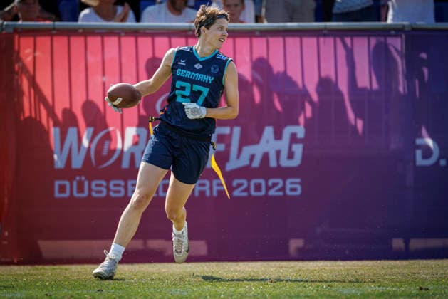 Placement Game for 1st - 8th Place Bracket Austria (AUT) vs. Germany (GER), Day 4 Women at IFAF Flag Football Championships Düsseldorf 2026, 16.08.2026 Duesseldorf, Germany - Aug. 16, 2026: Dora Jasmin Jung (GER 27) during the Placement Game for 1st - 8th Place Bracket Match between Austria (AUT) vs. Germany (GER) on fourth day of the Women IFAF Flag Football World Championships at the Bezirkssportanlage Duesseldorf Garath Copyright: xBEAUTIFULxSPORTS B.Hoffmannx