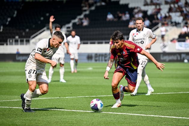 LUGANO, SWITZERLAND - AUGUST 16: Mattia Zanotti of Lugano L) in action during the Swiss Cup match between Vedeggio Calcio and FC Lugano at AIL Arena on August 16, 2026 in Lugano, Switzerland. Lugano AIL Arena Ticino Switzerland Copyright: xJustPictures.ch AndreaxBrancax jp-en-EuSpIm-AB_16082026_3876