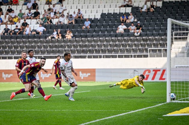 LUGANO, SWITZERLAND - AUGUST 16: Beckham Castro of Lugano scores a goal against goalkeeper Leonardo Sacchelli of Vedeggio during the Swiss Cup match between Vedeggio Calcio and FC Lugano at AIL Arena on August 16, 2026 in Lugano, Switzerland. Lugano AIL Arena Ticino Switzerland Copyright: xJustPictures.ch AndreaxBrancax jp-en-EuSpIm-AB_16082026_3932