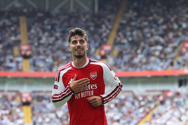 Community Shield 2026 16 August 2026, Cardiff - Community Shield 2026 Football - Arsenal v Manchester City - Kai Havertz of Arsenal celebrates their first goal - Photo: Mark Leech Offside. Cardiff UK Copyright: xMarkxLeechx xOffsidexOffside