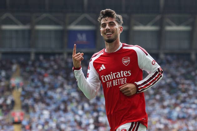 Sport Bilder des Tages Community Shield 2026 16 August 2026, Cardiff - Community Shield 2026 Football - Arsenal v Manchester City - Kai Havertz of Arsenal celebrates their first goal - Photo: Mark Leech Offside. Cardiff UK Copyright: xMarkxLeechx xOffsidexOffside