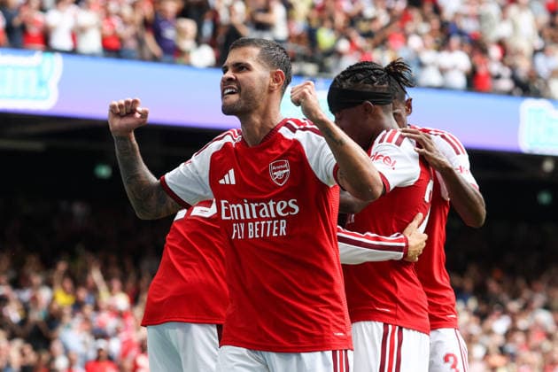 Community Shield 2026 16 August 2026, Cardiff - Community Shield 2026 Football - Arsenal v Manchester City - Bruno Guimaraes of Arsenal celebrates their second goal - Photo: Mark Leech Offside. Cardiff UK Copyright: xMarkxLeechx xOffsidexOffside