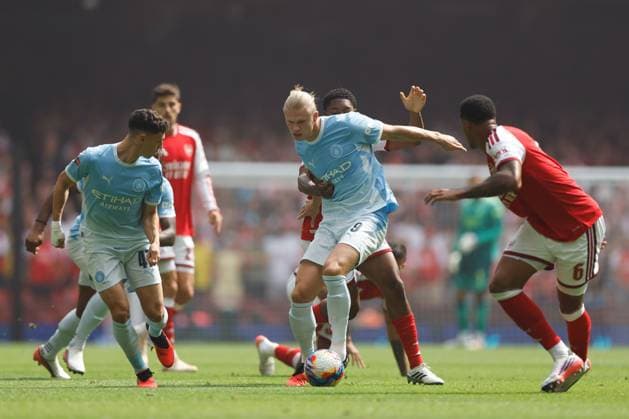 Erling Haaland of Manchester City dribbles the ball Arsenal v Manchester City, FA Community Shield, Principality Stadium, Cardiff, UK - 16 Aug 2026Cardiff Principality Stadium United Kingdom EDITORIAL USE ONLY No use with unauthorised audio, video, data, fixture lists, club league logos or live services. Online in-match use limited to 120 images, no video emulation. No use in betting, games or single club league player publications. Copyright: xMattxImpey Shutterstockx 17096419ak