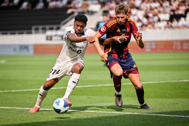 LUGANO, SWITZERLAND - AUGUST 16: Dereck Moncada of Lugano against Nathan Heller of Vedeggio during the Swiss Cup match between Vedeggio Calcio and FC Lugano at AIL Arena on August 16, 2026 in Lugano, Switzerland. Lugano AIL Arena Ticino Switzerland Copyright: xJustPictures.ch AndreaxBrancax jp-en-EuSpIm-AB_16082026_4475