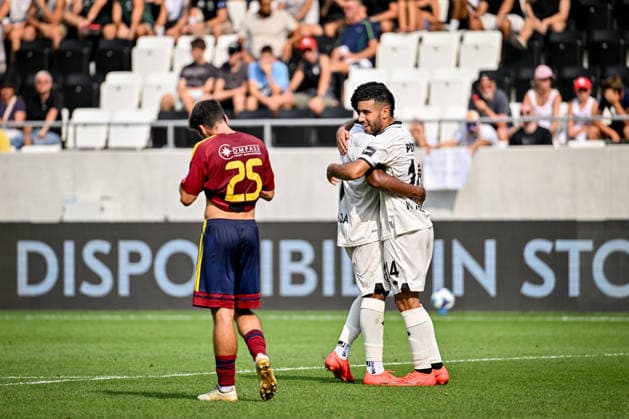 LUGANO, SWITZERLAND - AUGUST 16: Ahmed Kendouci of Lugano R) celebrates his goal with Dereck Moncada of Lugano L) during the Swiss Cup match between Vedeggio Calcio and FC Lugano at AIL Arena on August 16, 2026 in Lugano, Switzerland. Lugano AIL Arena Ticino Switzerland Copyright: xJustPictures.ch AndreaxBrancax jp-en-EuSpIm-AB_16082026_4633