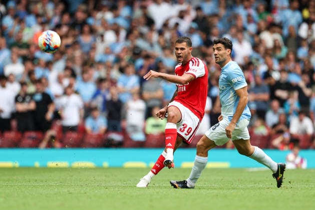 Community Shield 2026 16 August 2026, Cardiff - Community Shield 2026 Football - Arsenal v Manchester City - Bruno Guimaraes of Arsenal and Mateo Kovacic of Manchester City - Photo: Mark Leech Offside. Cardiff UK Copyright: xMarkxLeechx xOffsidexOffside