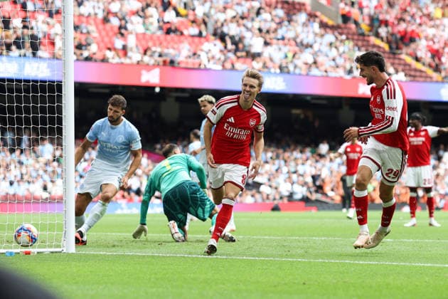 Community Shield 2026 16 August 2026, Cardiff - Community Shield 2026 Football - Arsenal v Manchester City - Martin Odegaard of Arsenal celebrates their third goal with Kai Havertz of Arsenal - Photo: Charlotte Wilson Offside. Cardiff UK Copyright: xCharlottexWilsonx xOffsidexOffside