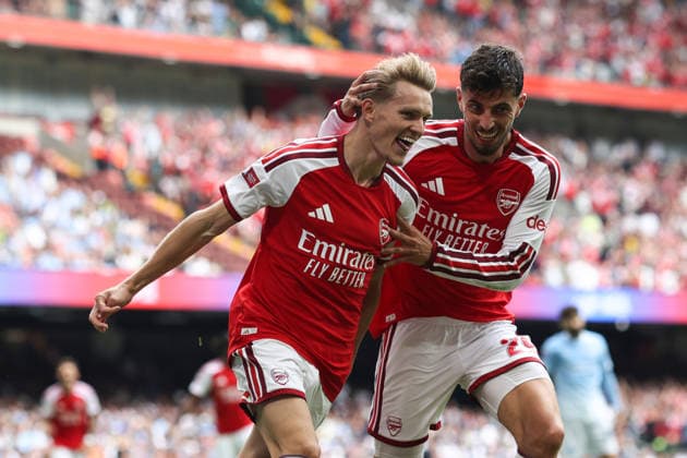 Community Shield 2026 16 August 2026, Cardiff - Community Shield 2026 Football - Arsenal v Manchester City - Martin Odegaard of Arsenal celebrates their third goal with Kai Havertz of Arsenal - Photo: Charlotte Wilson Offside. Cardiff UK Copyright: xCharlottexWilsonx xOffsidexOffside