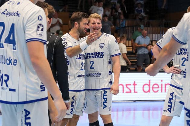 16.08.2026 ,xgox, Handball - Wartburg Cup ThSV Eisenach - TBV Lemgo-Lippe emspor, v.l. Tim Suton (Lemgo, 23), Lukas Hutecek (Lemgo, 2) Jubel ueber den Sieg, Jubel nach Spielende Eisenach