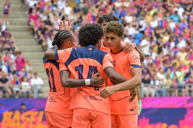 Jubel zum Tor zum 1:2 durch Hamza Abdelkarim FC Barcelona, Barca 09b) GER, FC Basel vs FC Barcelona, Fussball, Testspiel, Saison 2026 2027, 16.08.2026 GER, FC Basel vs FC Barcelona, Fussball, Testspiel, Saison 2026 2027, 16.08.2026 Basel Copyright: xEibner-Pressefotox EP_THS
