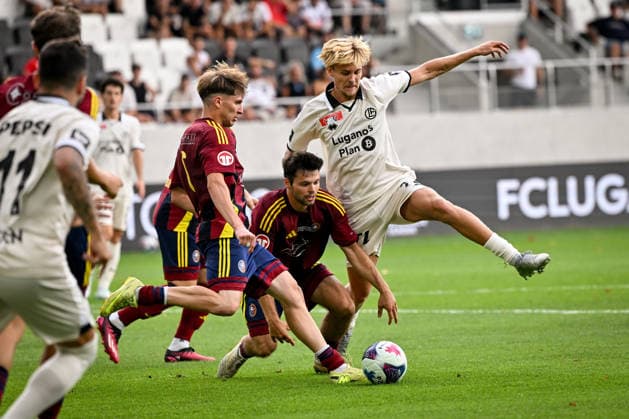 LUGANO, SWITZERLAND - AUGUST 16: Elias Pihlstrom of Lugano against Diego Bianchi of Vedeggio L) during the Swiss Cup match between Vedeggio Calcio and FC Lugano at AIL Arena on August 16, 2026 in Lugano, Switzerland. Lugano AIL Arena Ticino Switzerland Copyright: xJustPictures.ch AndreaxBrancax jp-en-EuSpIm-AB_16082026_4785