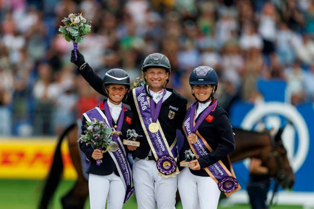 AACHEN - FEI World Championships 2026, AACHEN - FEI World Championships 2026 JUNG Michael (GER), CANTER Rosalind (GBR), COLLETT Laura (GBR) Medal ceremony Individual Medaillenvergabe Einzelentscheidung FEI Eventing World Championship, WM, Weltmeisterschaft Jumping Final Team & Individual Aachen, Reitstadion Soers 16. August 2026 -