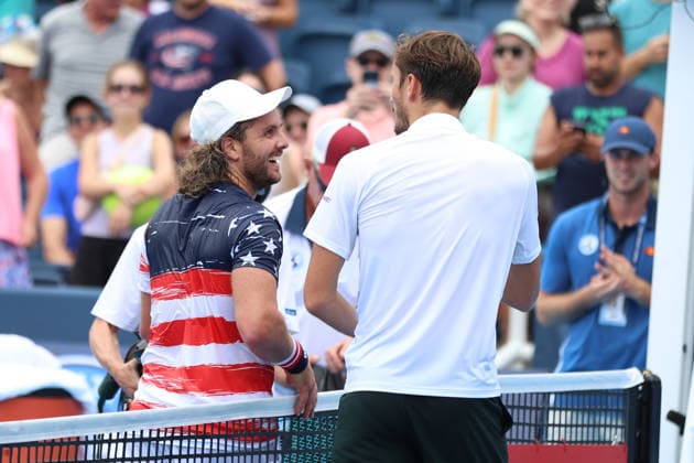 MASON, OHIO - AUGUST 16: Marco Trungelliti of Argentina speaks with Daniil Medvedev of Russia during day six of the Cincinnati Open at the Lindner Family Tennis Center on August 16, 2026 in Mason, Ohio. Copyright: xShainaxBenhiyoun SPPx Sportspressphoto_SPR208924