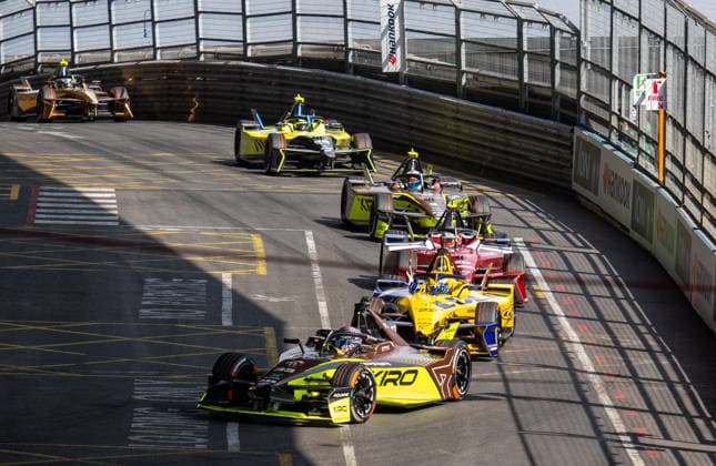 Dan Ticktum driving for the CUPRA KIRO Formula E Team leads a group entering turn 19 competing in race 2 during the London E-Prix at the ExCel Centre, London Docklands, UK on 16 August 2026. Copyright: xPhilxHutchinsonx 45350231